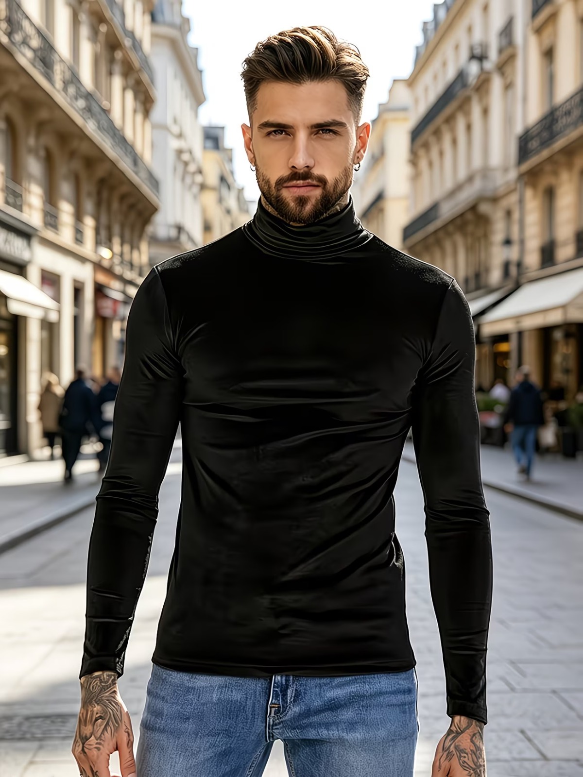 Men's Slim Fit Semi-High Neck Long Sleeve Top