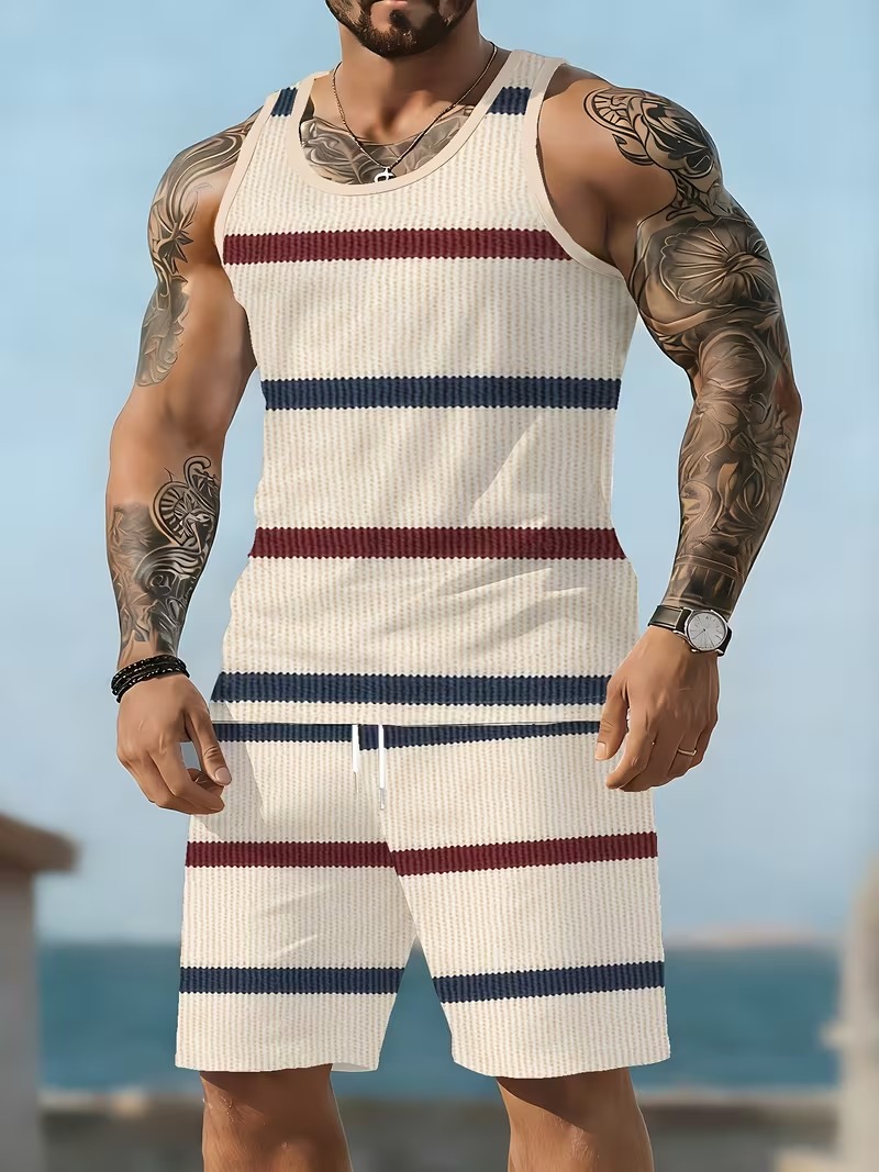 Men's Sleeveless Striped 2-Piece Shorts Set