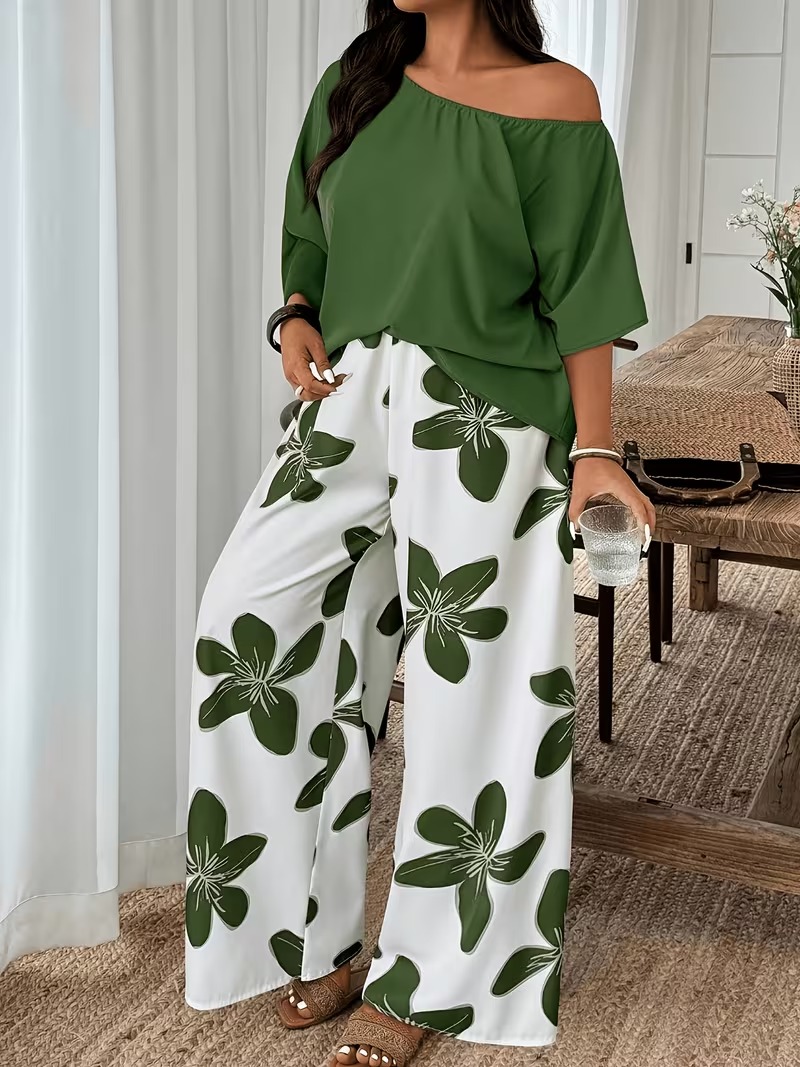 Women's Off-Shoulder Top and Floral Wide-Leg Pants 2-Piece Set